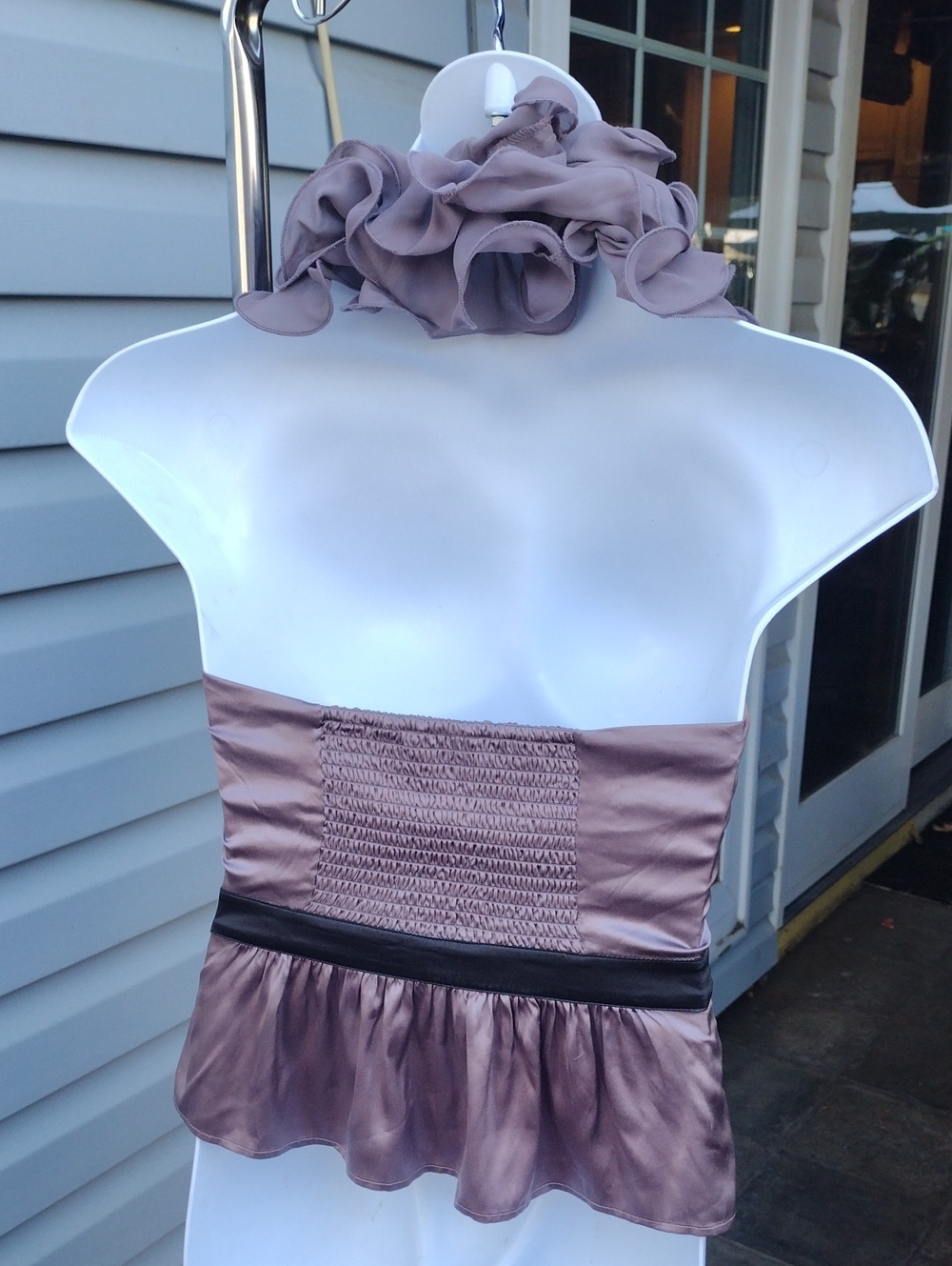 💜 Y2K bebe Dusty Mauve/ Taupe Satin Dramatic Ruffled Fairycore Halter Top - Picture 9 of 15